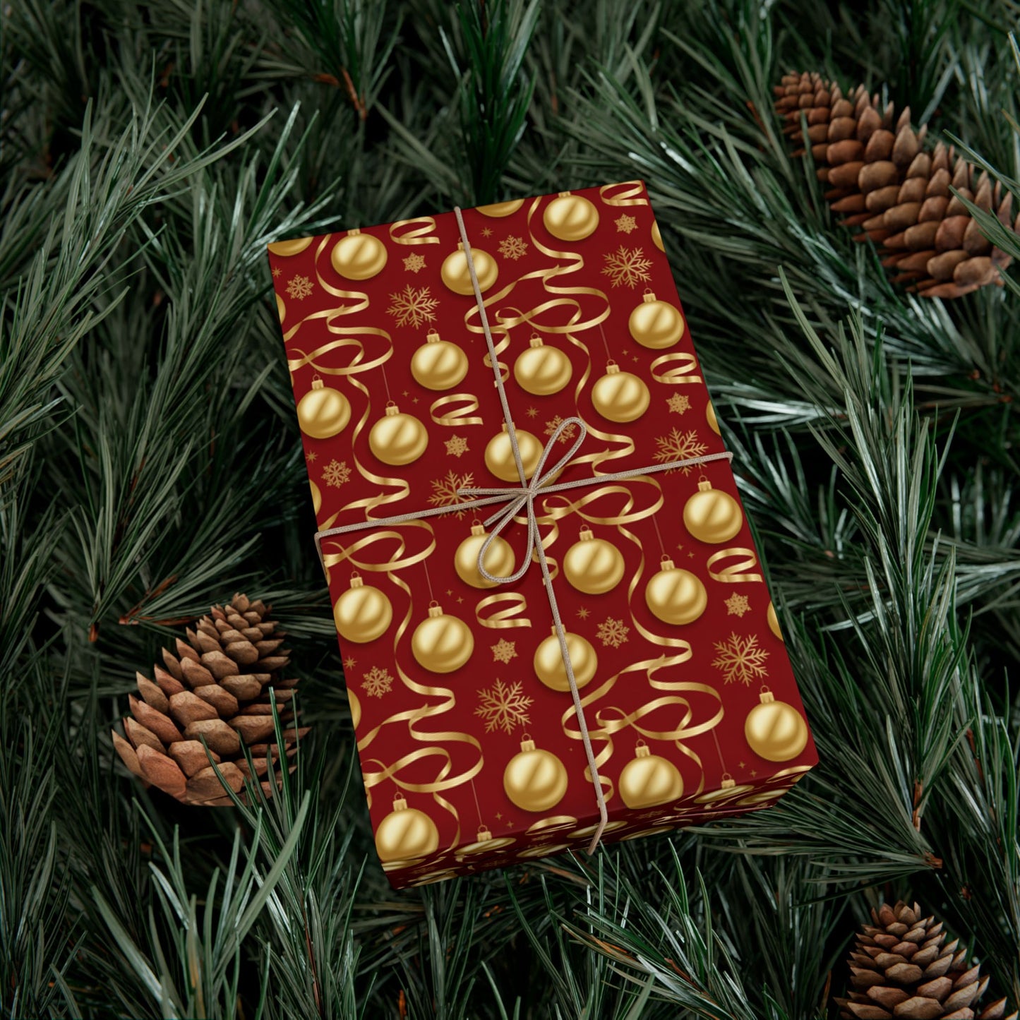 Christmas Gift Wrap Paper - Red & Gold Ornament Pattern, Holiday Wrapping Sheets