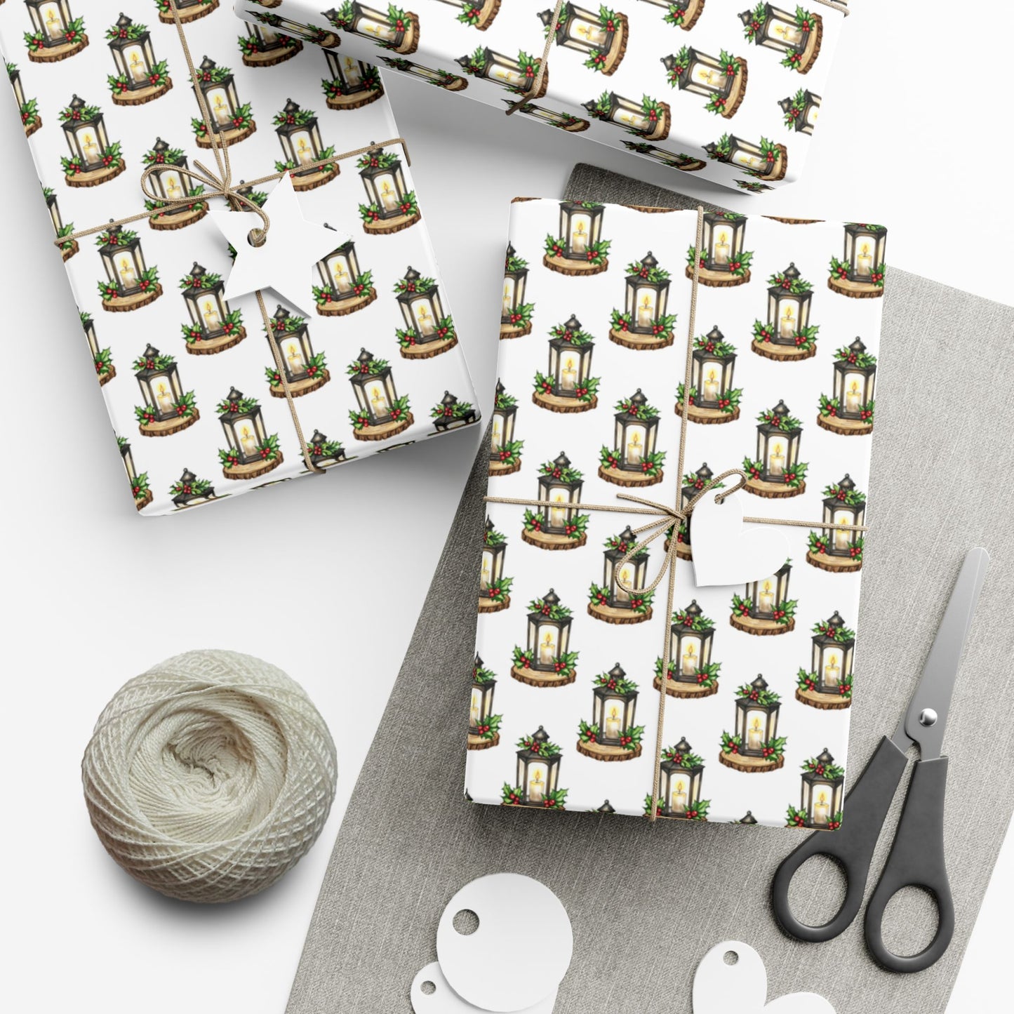 Candle Lantern Pattern Gift Wrap Paper – Holiday Botanical Wrapping Sheets