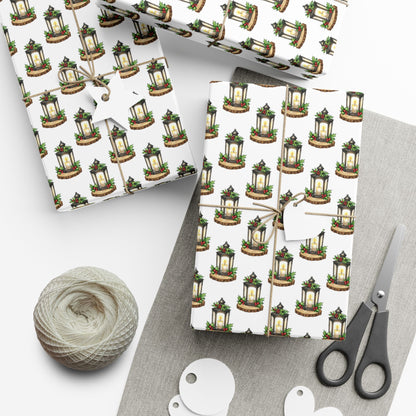 Candle Lantern Pattern Gift Wrap Paper – Holiday Botanical Wrapping Sheets