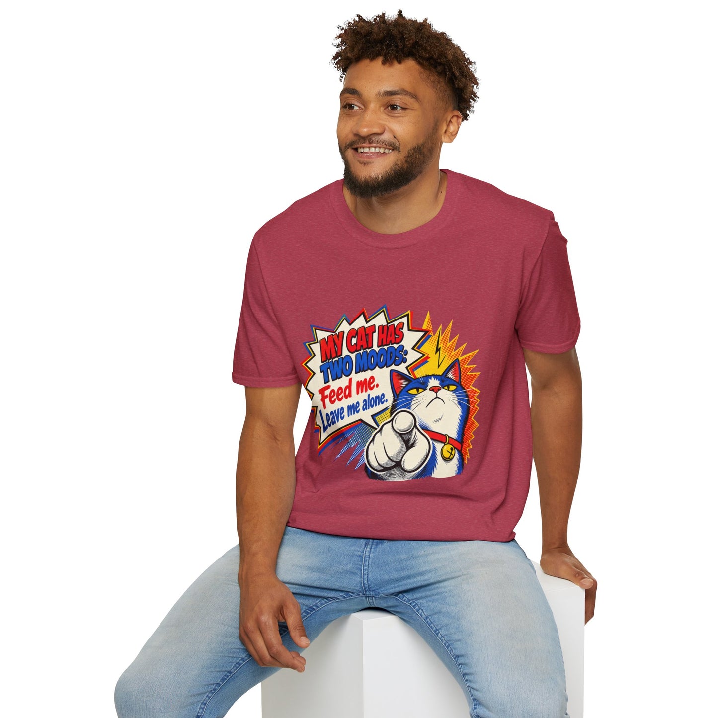 Cat T-Shirt — "My Cat Has Two Moods: Feed Me, Leave Me Alone" Funny Retro Comic Tee