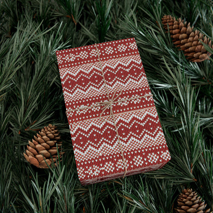 Holiday Knit-Pattern Gift Wrap Paper — Red Nordic Christmas Wrapping Sheets
