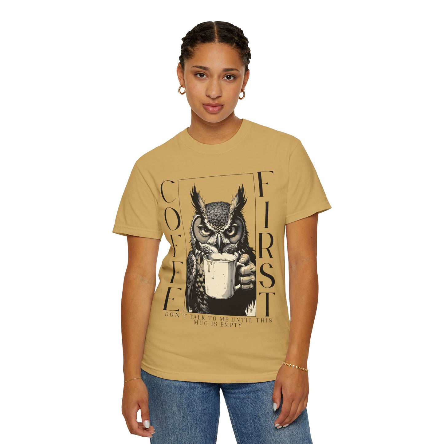 Coffee First Owl T-Shirt — Funny Morning Coffee Tee