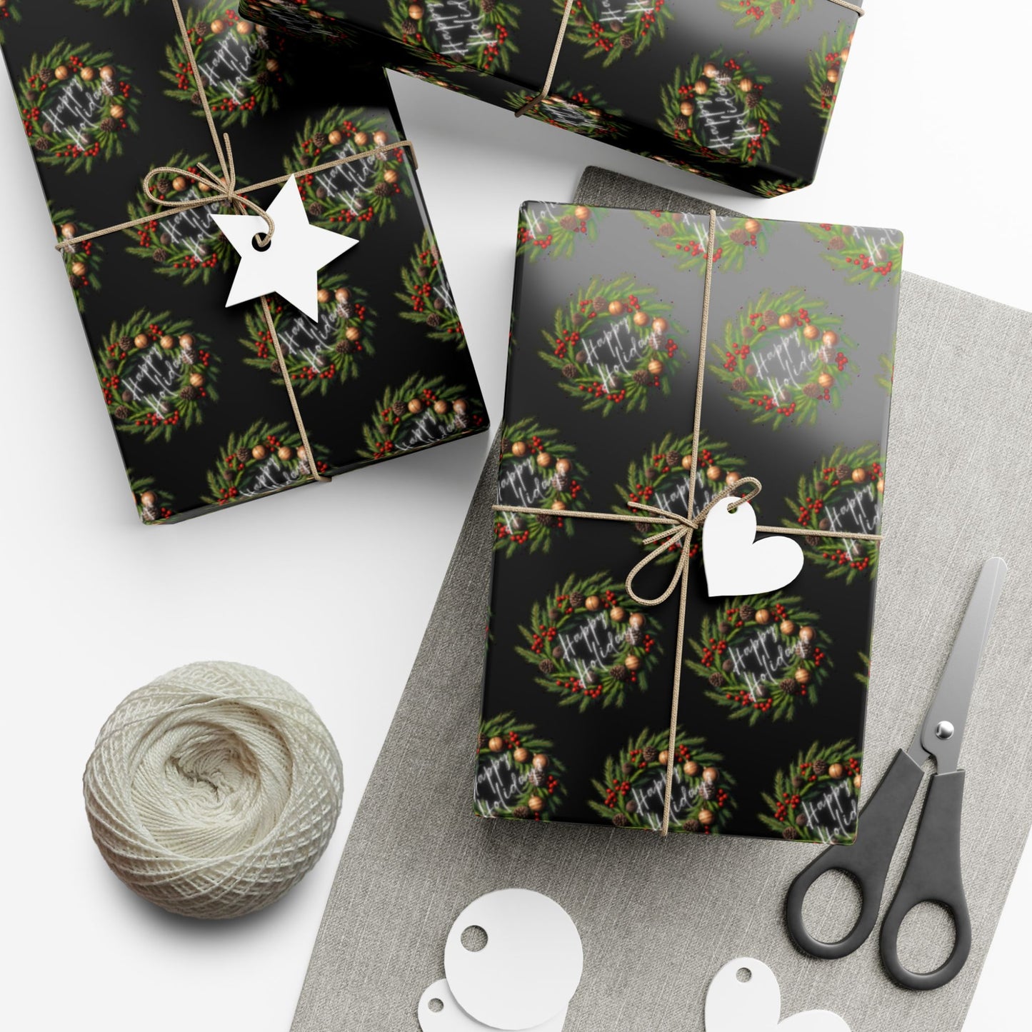 Christmas Wreath Gift Wrap Paper — Dark Holiday Wrapping Paper (Pack)