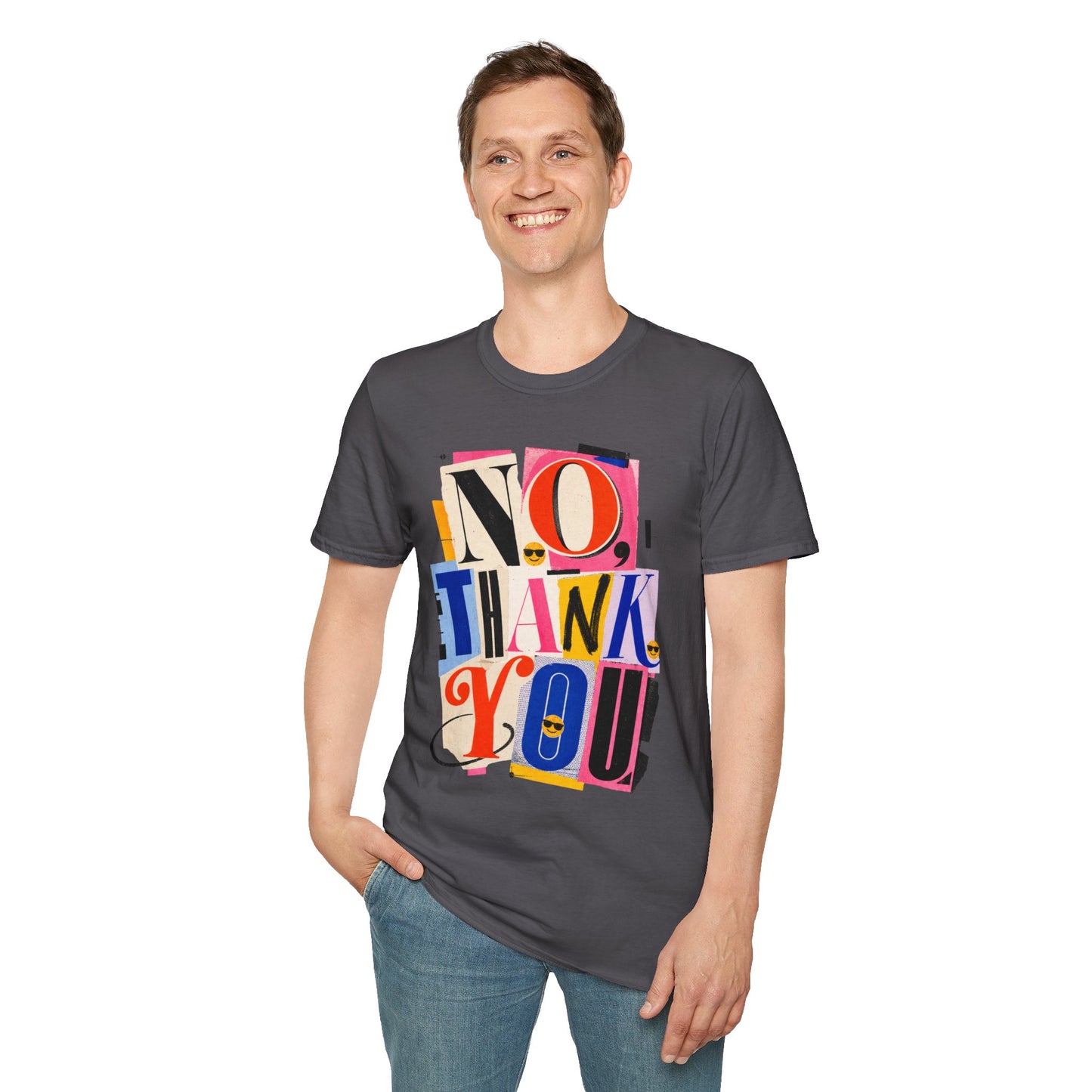 No, Thank You Graphic Tee — Colorful Bold Lettering T‑Shirt