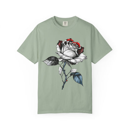 Rose Sketch T-Shirt — Black & Red Botanical Graphic Tee