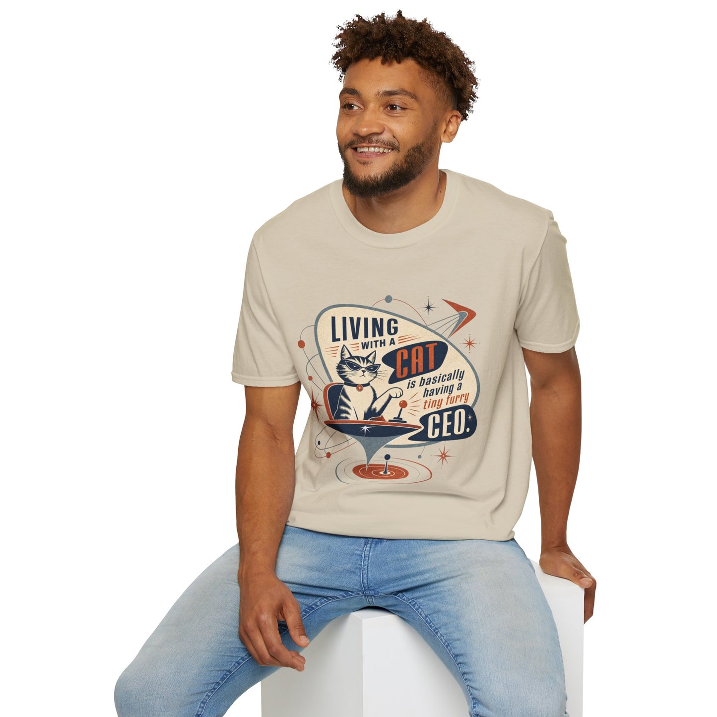 Cat T-Shirt — "Living with a Cat is Basically Having a Furry CEO" Retro Graphic