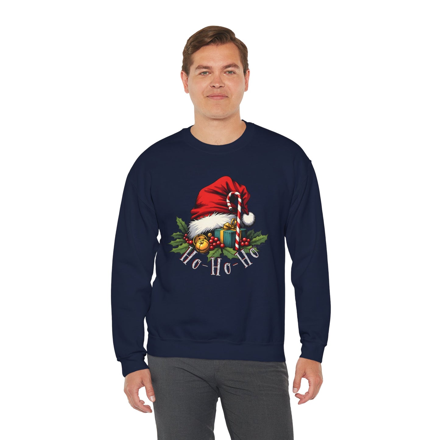 Christmas Sweatshirt - 'Ho-Ho-Ho' Santa Hat & Holly Holiday Crewneck