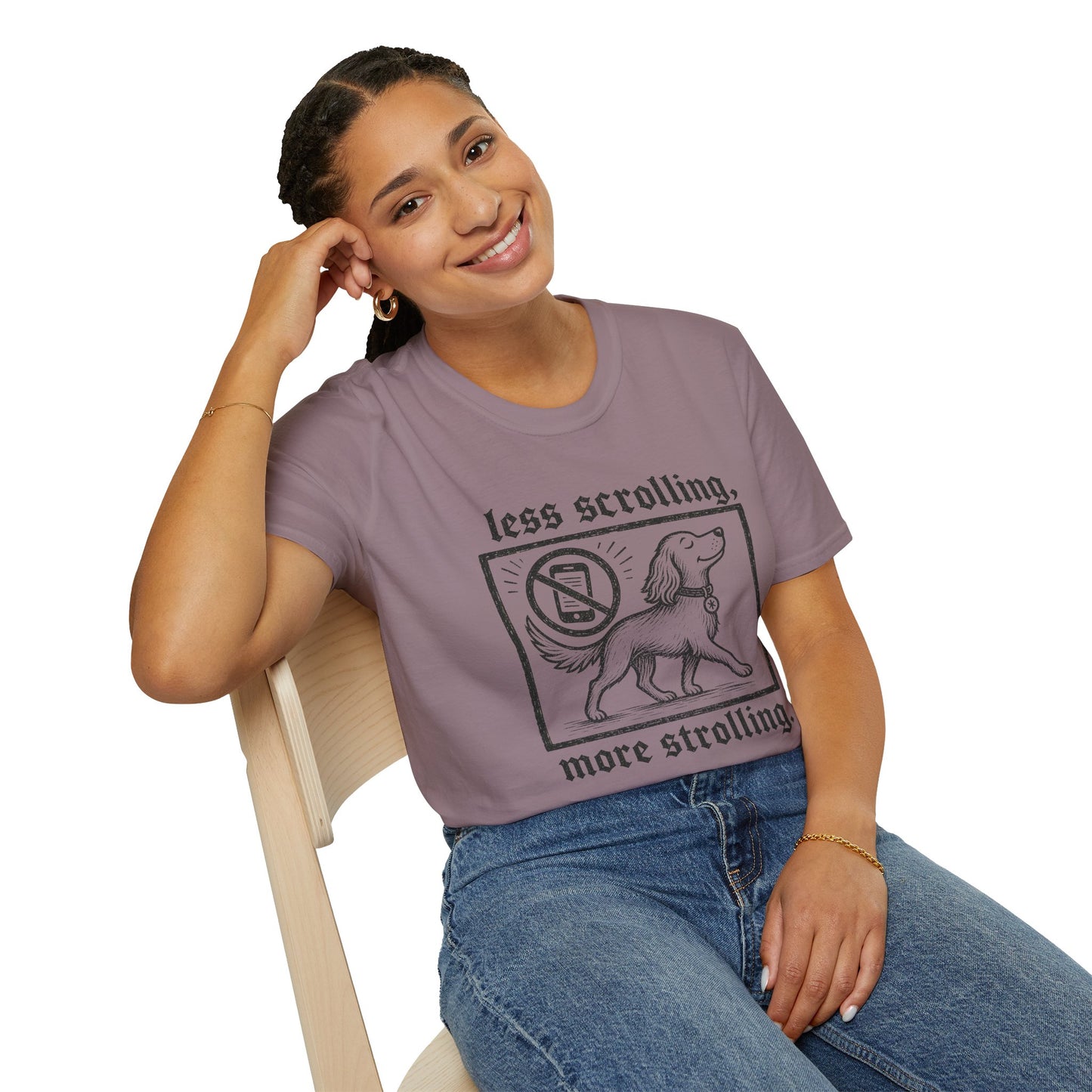 T-Shirt — "Less Scrolling, More Strolling" Dog Graphic Tee
