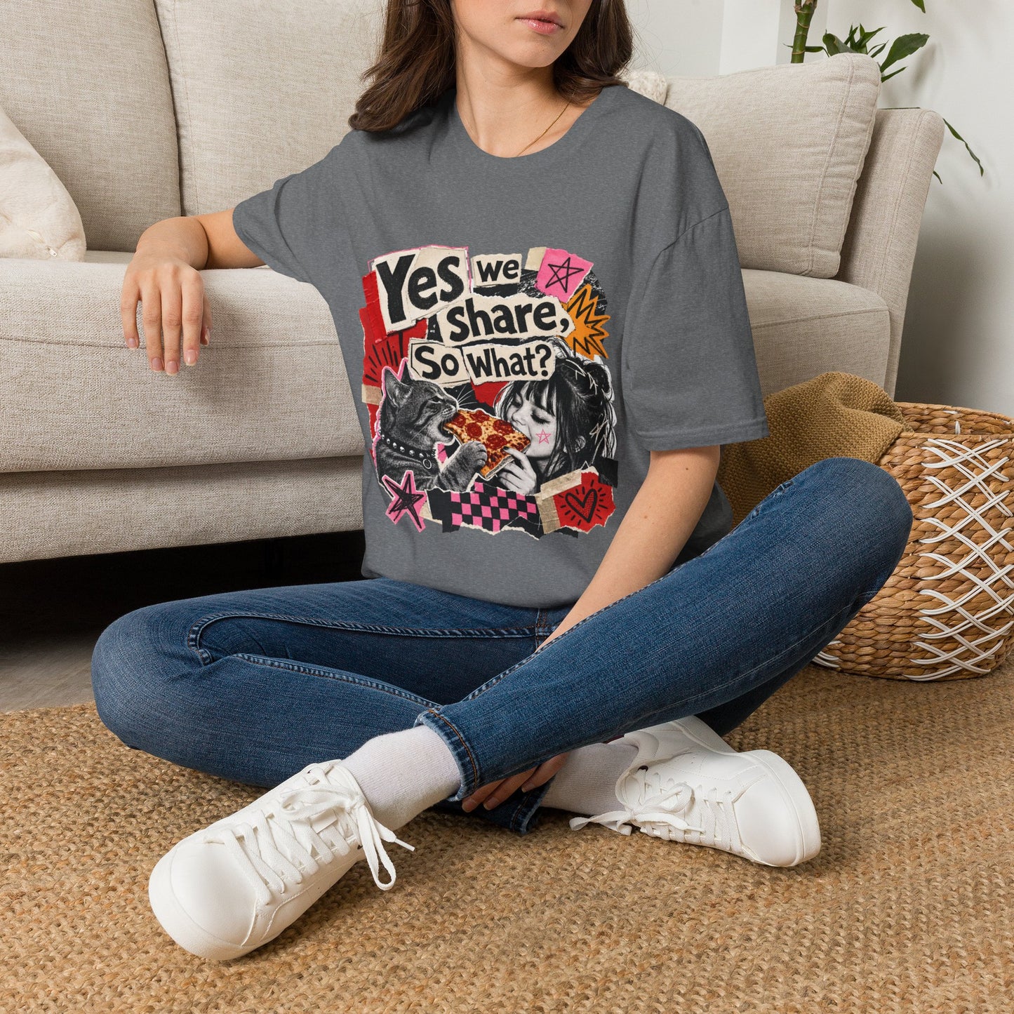 T-Shirt — "Yes We Share, So What?" Retro Collage Graphic Tee