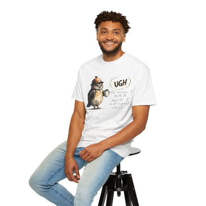 “Ugh” Owl Coffee T-Shirt — Cute Illustrated Owl Saying “UGH” with Coffee