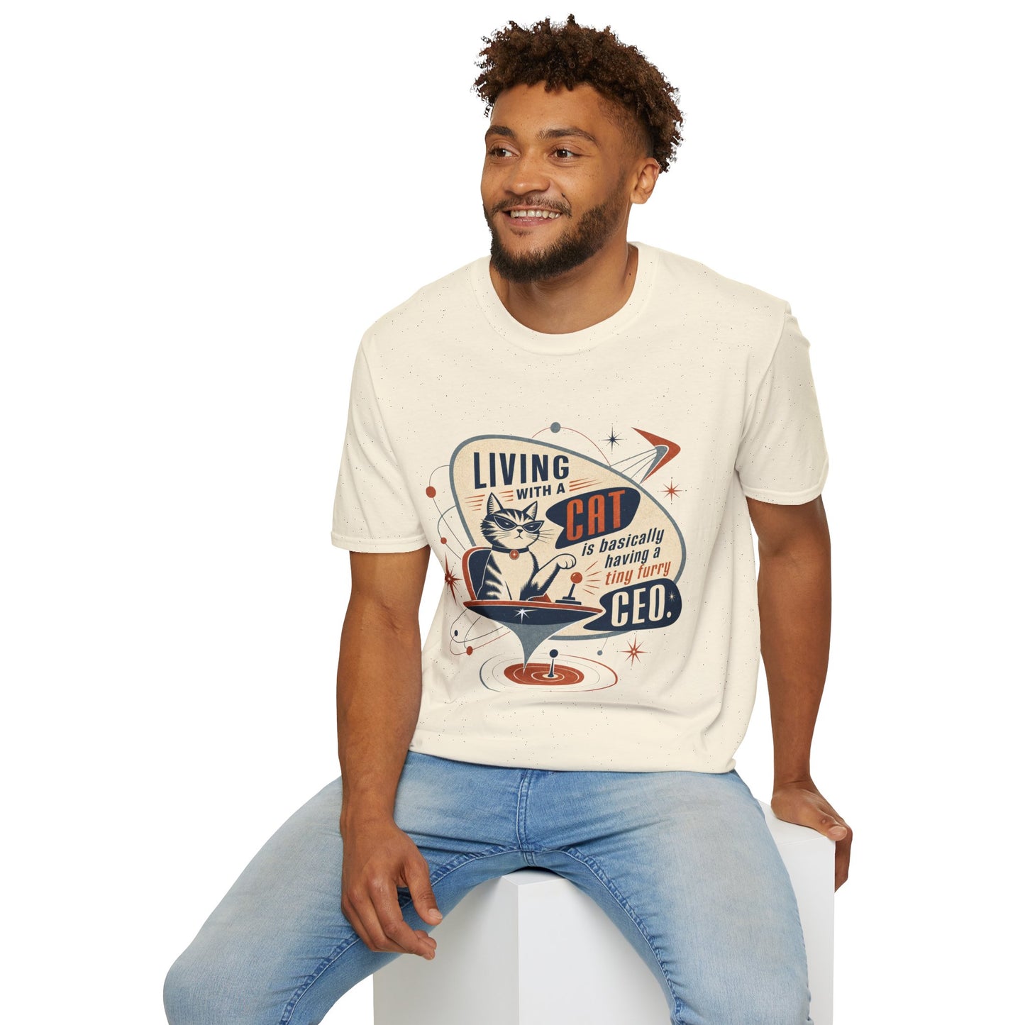 Cat T-Shirt — "Living with a Cat is Basically Having a Furry CEO" Retro Graphic