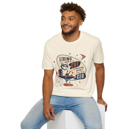 Cat T-Shirt — "Living with a Cat is Basically Having a Furry CEO" Retro Graphic