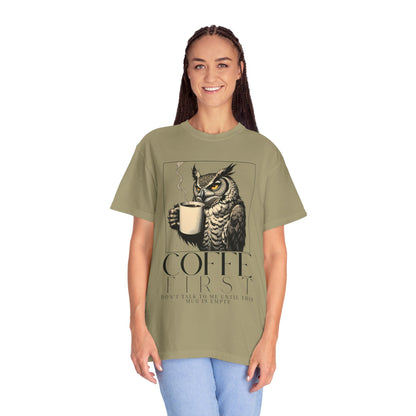 Coffee First Owl T-Shirt — Coffee Lover Graphic Tee