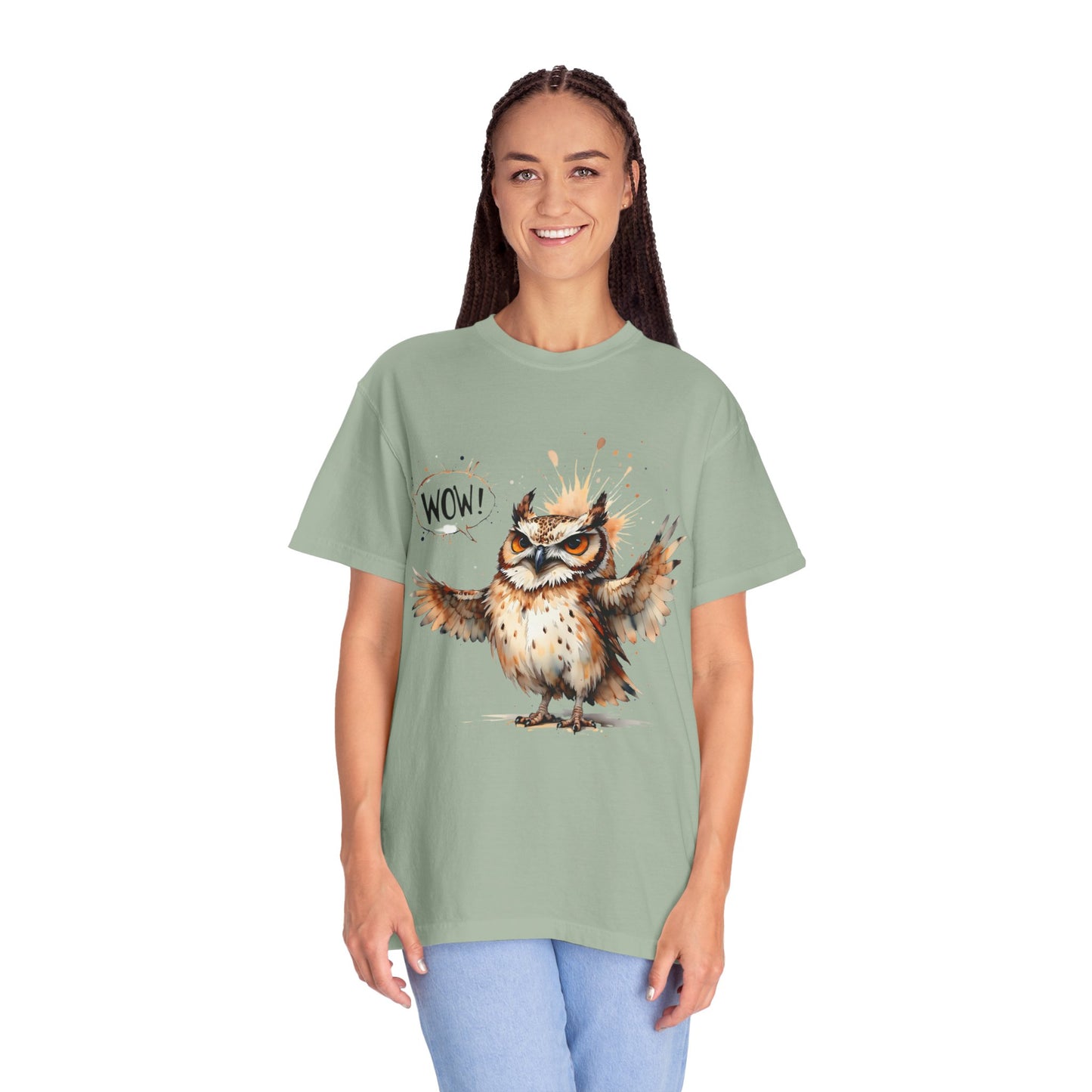 Owl Watercolor T-Shirt — Cute 'Wow!' Cartoon Owl Graphic Tee