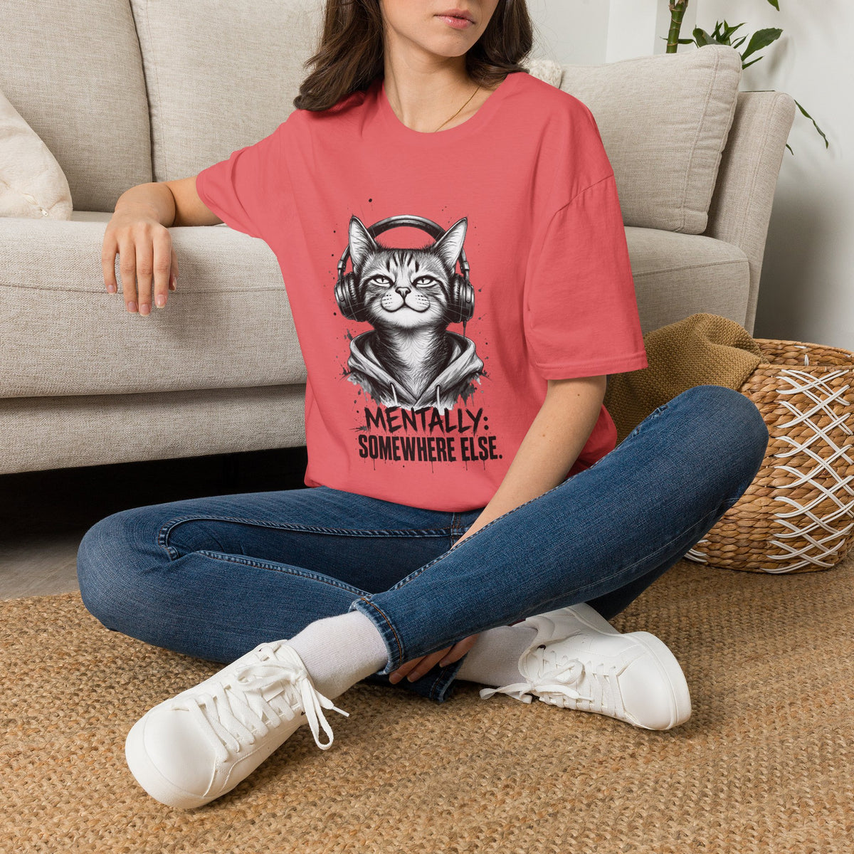 T-Shirt — Cat with Headphones "Mentally: Somewhere Else" – Cute Relaxed Graphic Tee for Cat Lovers