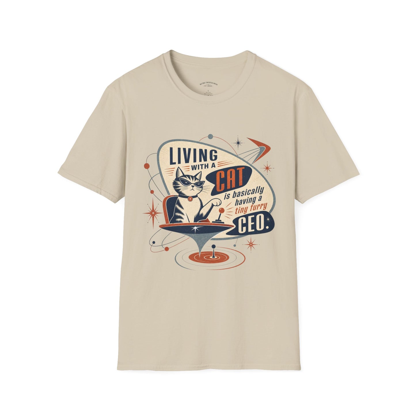 Cat T-Shirt — "Living with a Cat is Basically Having a Furry CEO" Retro Graphic