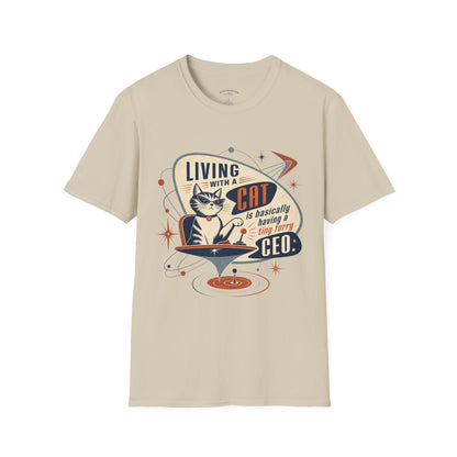 Cat T-Shirt — "Living with a Cat is Basically Having a Furry CEO" Retro Graphic
