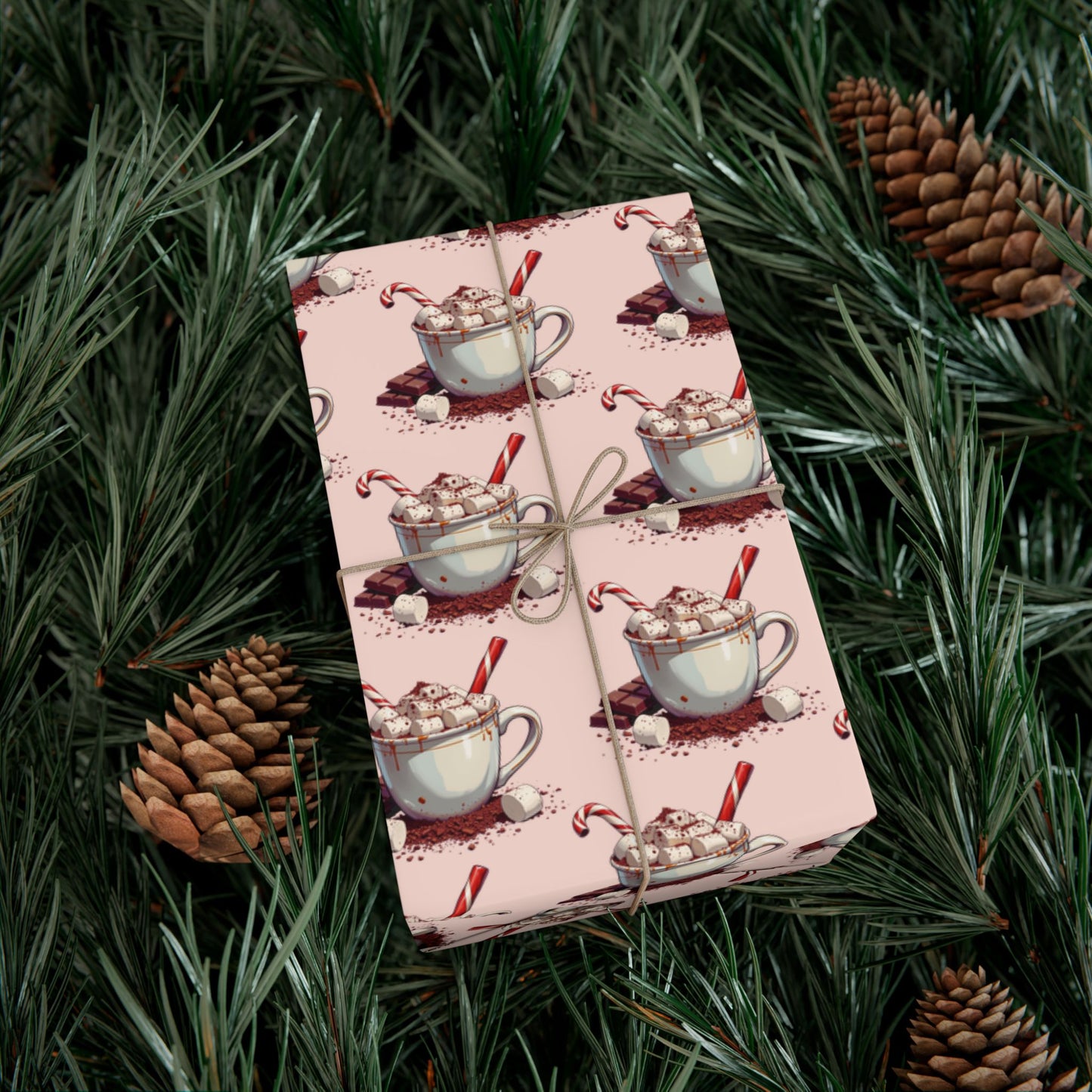 Tea Cup Pattern Gift Wrap Paper — Pink Hot Cocoa & Candy Cane Holiday Wrapping Paper