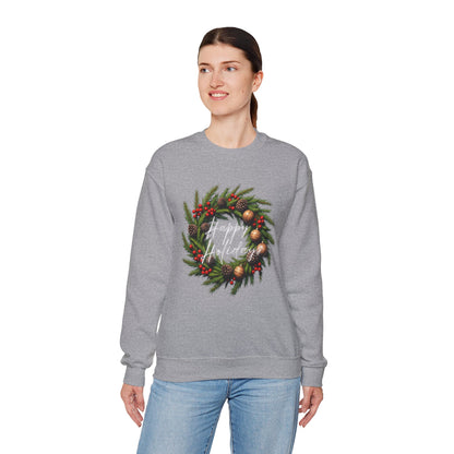 Christmas Wreath Crewneck Sweatshirt – Festive Pine & Ornaments Holiday Sweater