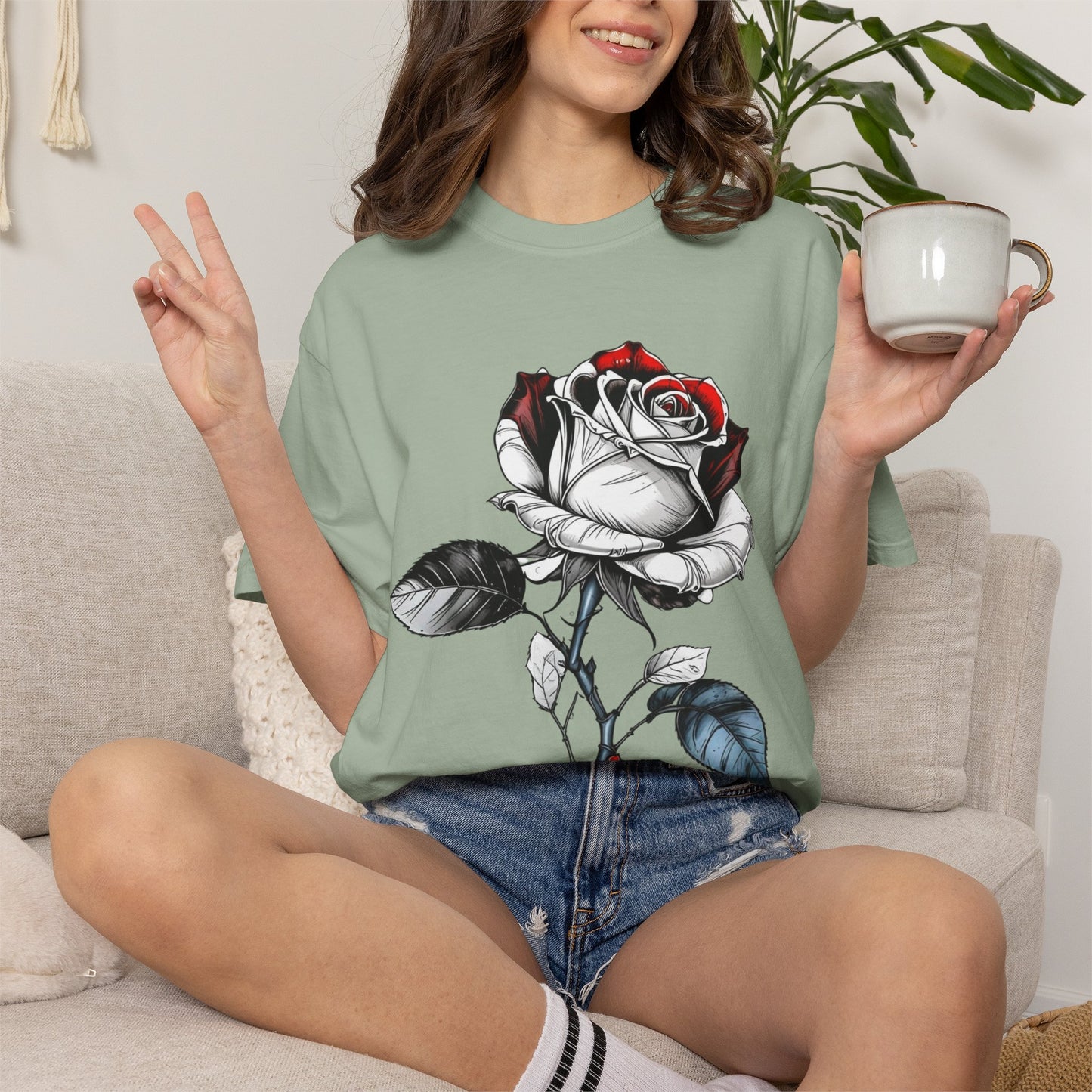 Rose Sketch T-Shirt — Black & Red Botanical Graphic Tee