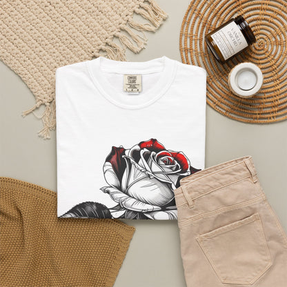 Rose Sketch T-Shirt — Black & Red Botanical Graphic Tee
