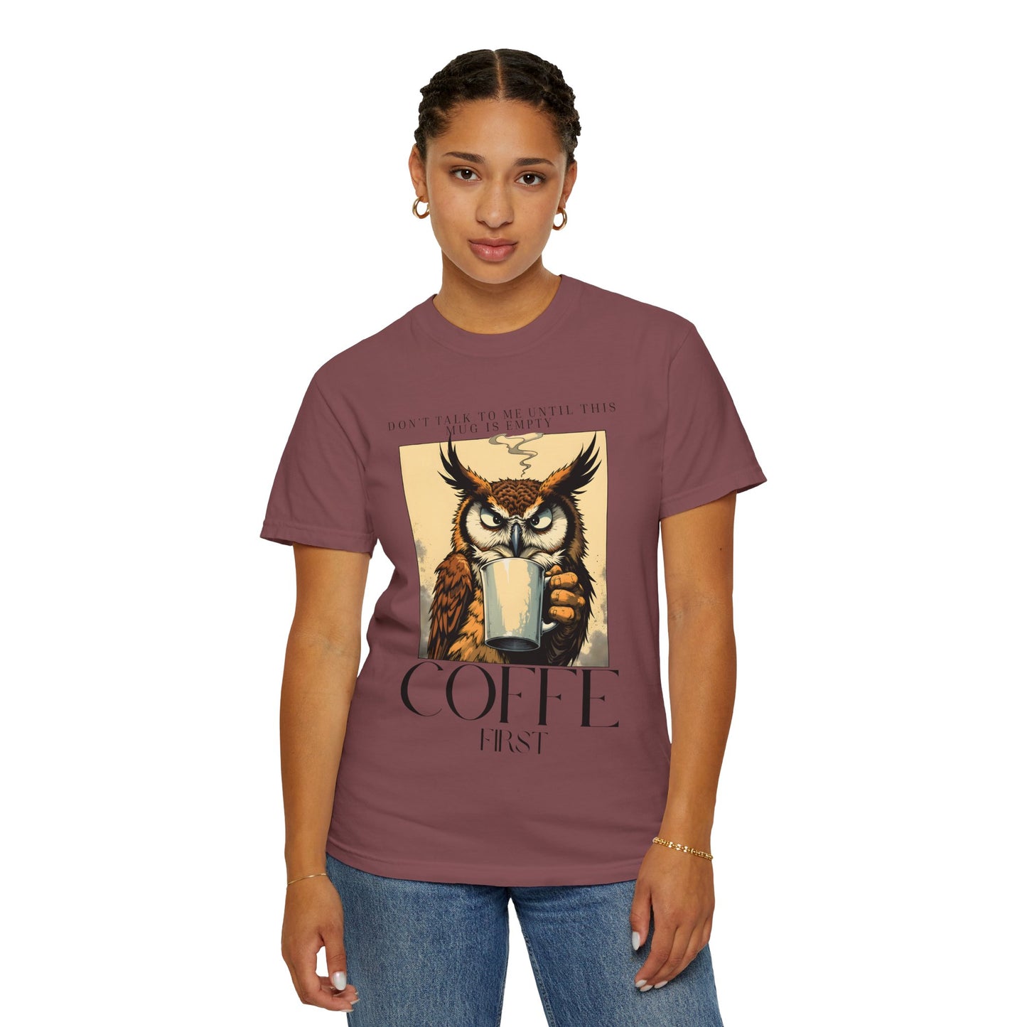 Coffee First Owl T-Shirt — Vintage Coffee Lover Graphic Tee