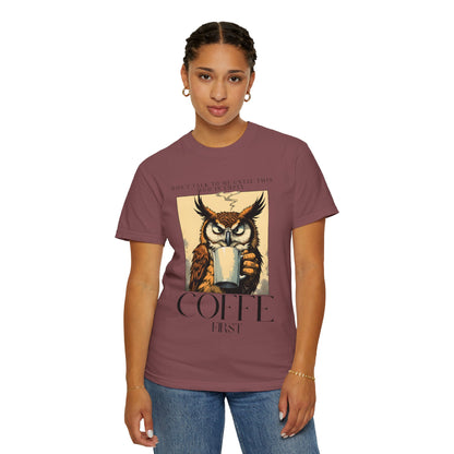 Coffee First Owl T-Shirt — Vintage Coffee Lover Graphic Tee