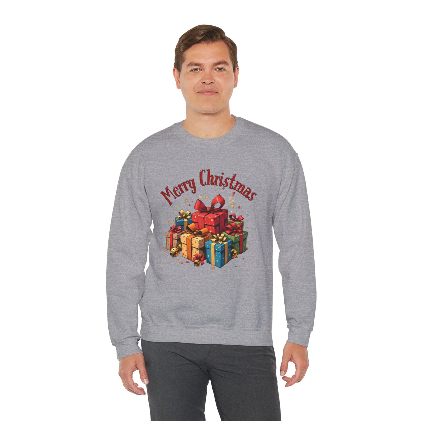 Christmas Crewneck Sweatshirt — "Merry Christmas" with Festive Gift Pile