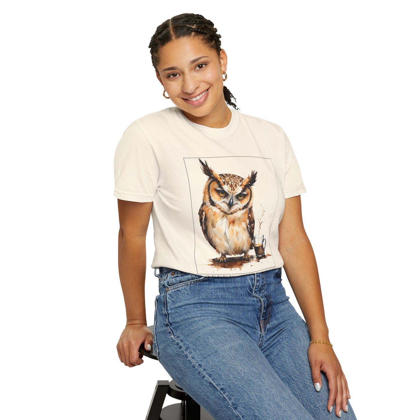 Owl Coffee Illustration T‑Shirt — 'Coffee First, Commit Later' Graphic Tee