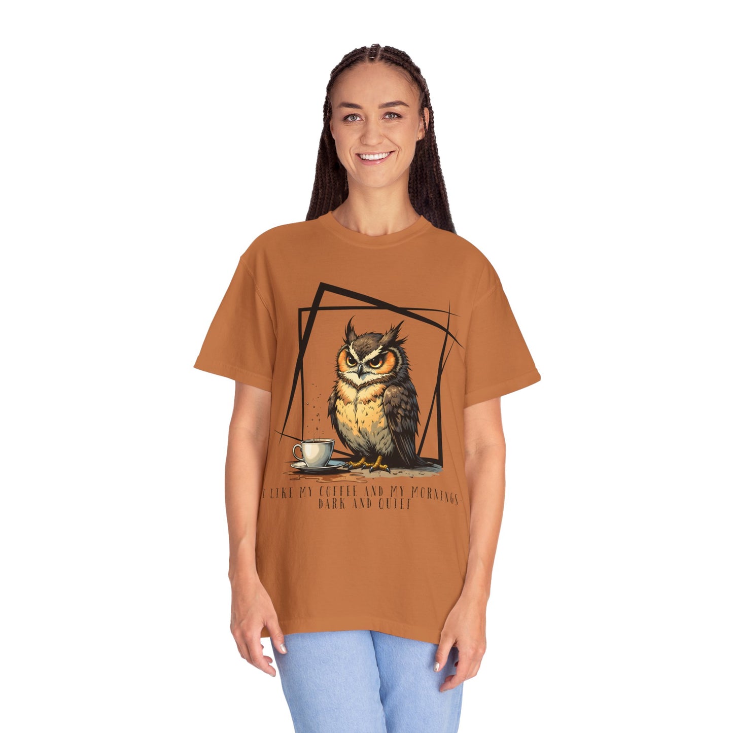Owl & Coffee Graphic T-Shirt — 'A Day to Coffee and Contemplate'