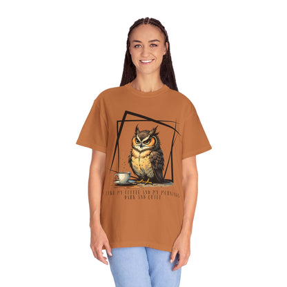 Owl & Coffee Graphic T-Shirt — 'A Day to Coffee and Contemplate'