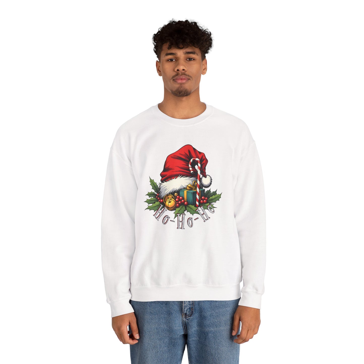 Christmas Sweatshirt - 'Ho-Ho-Ho' Santa Hat & Holly Holiday Crewneck