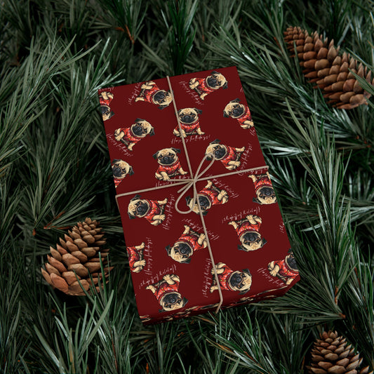 Pug Pattern Gift Wrap Paper – Festive Red Holiday Wrapping Paper with Cute Pug Dogs