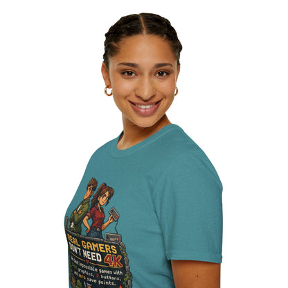 T-Shirt — Retro Pixel 'Real Gamers Don't Need 4K' Graphic Tee