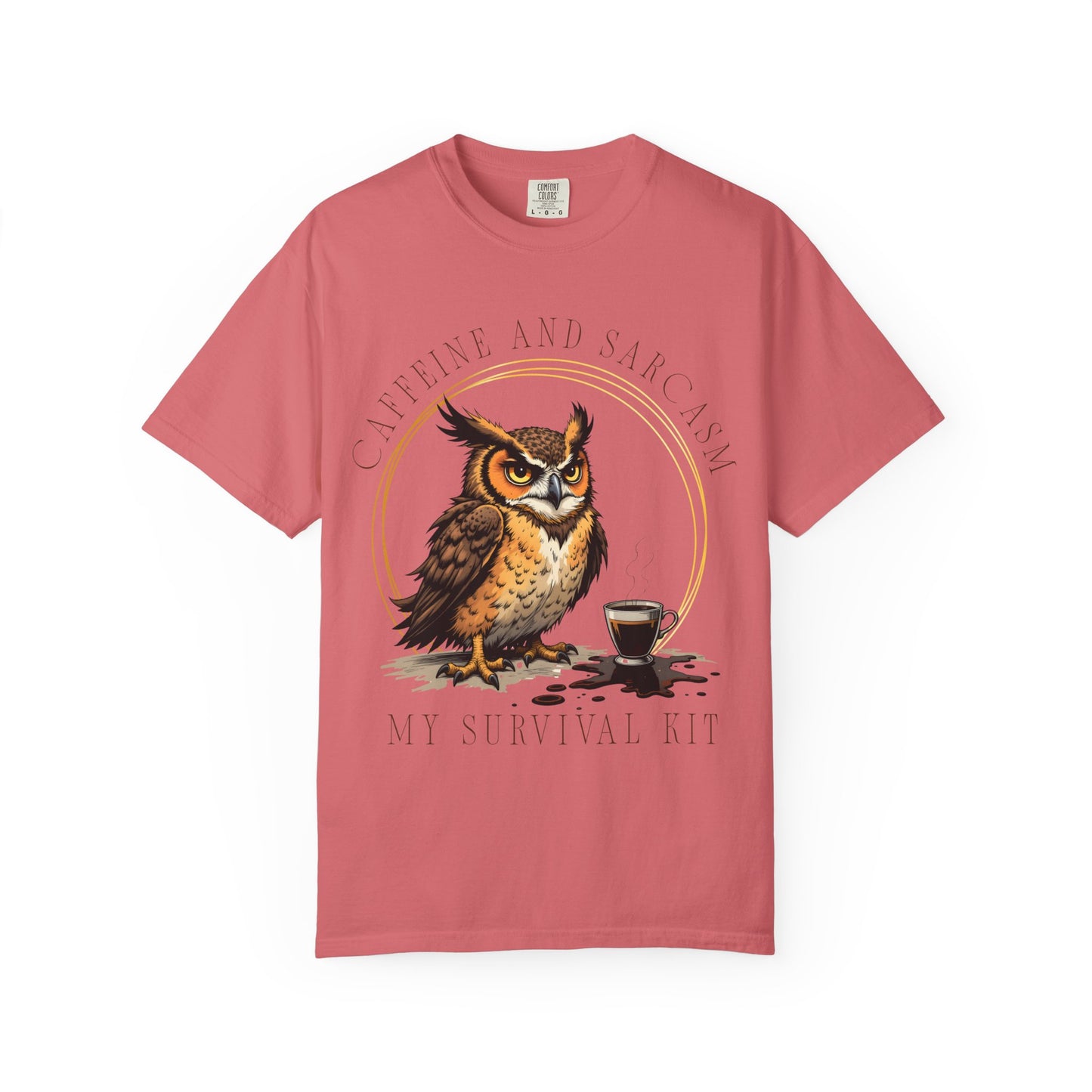 Coffee & Sarcasm Owl T-Shirt — "My Survival Kit" Graphic Tee