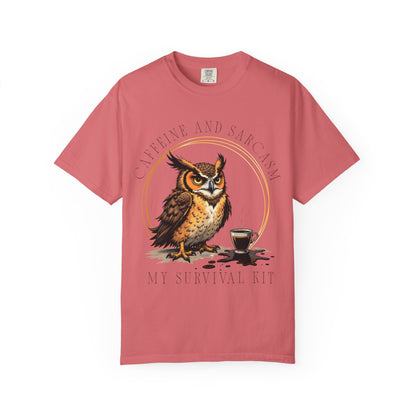 Coffee & Sarcasm Owl T-Shirt — "My Survival Kit" Graphic Tee