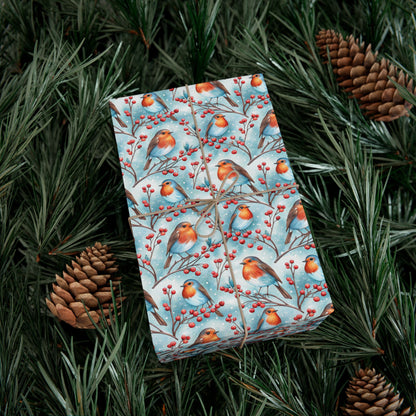 Robin & Berries Gift Wrap Paper — Winter Holiday Wrapping Sheets