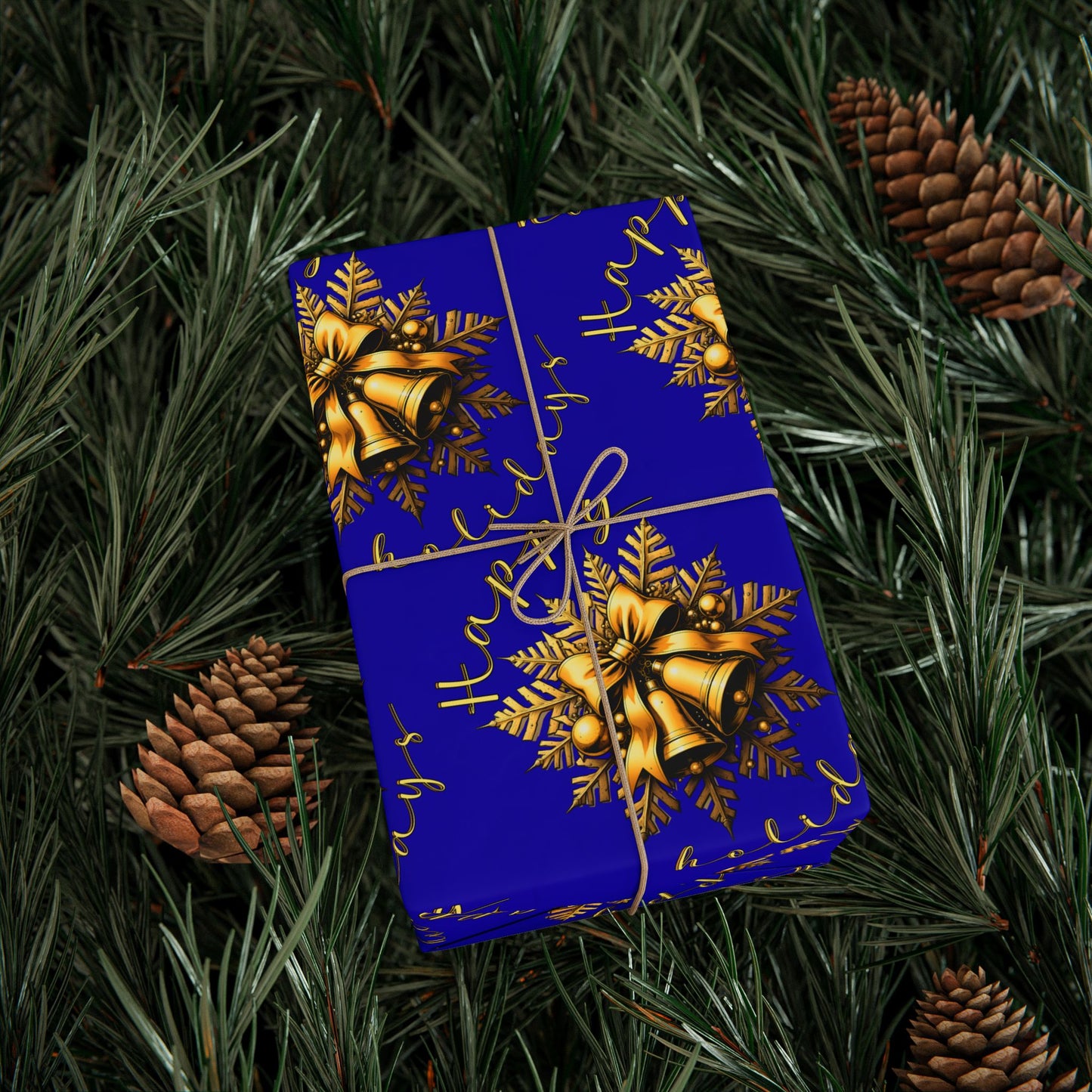 Royal Blue & Gold Holiday Wrapping Paper Roll — Elegant Floral Wreath Pattern