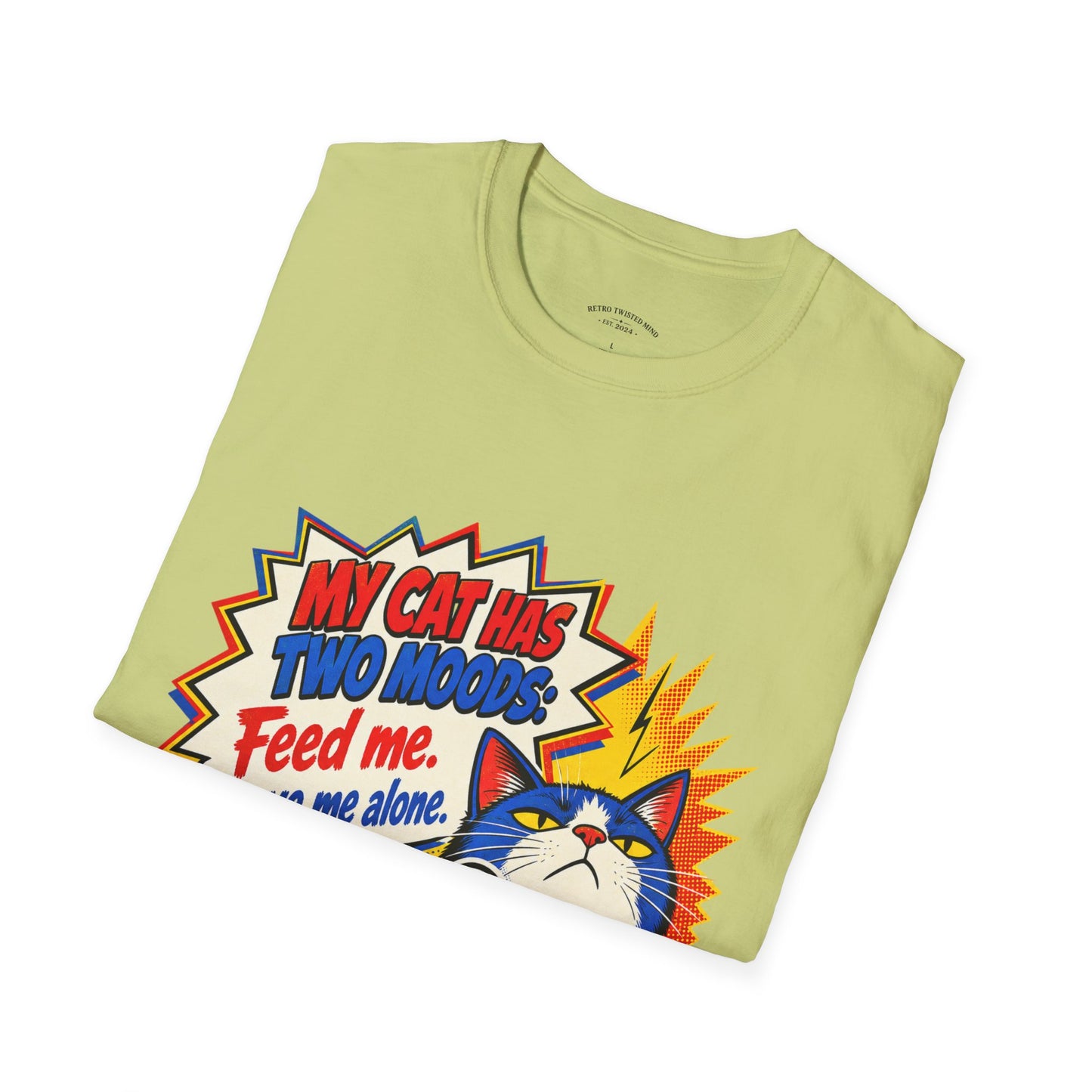 Cat T-Shirt — "My Cat Has Two Moods: Feed Me, Leave Me Alone" Funny Retro Comic Tee