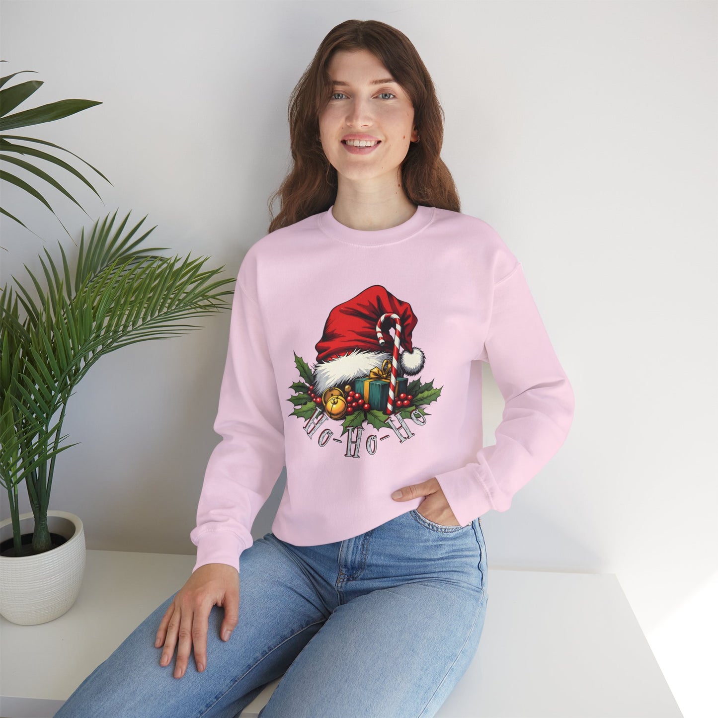 Christmas Sweatshirt - 'Ho-Ho-Ho' Santa Hat & Holly Holiday Crewneck