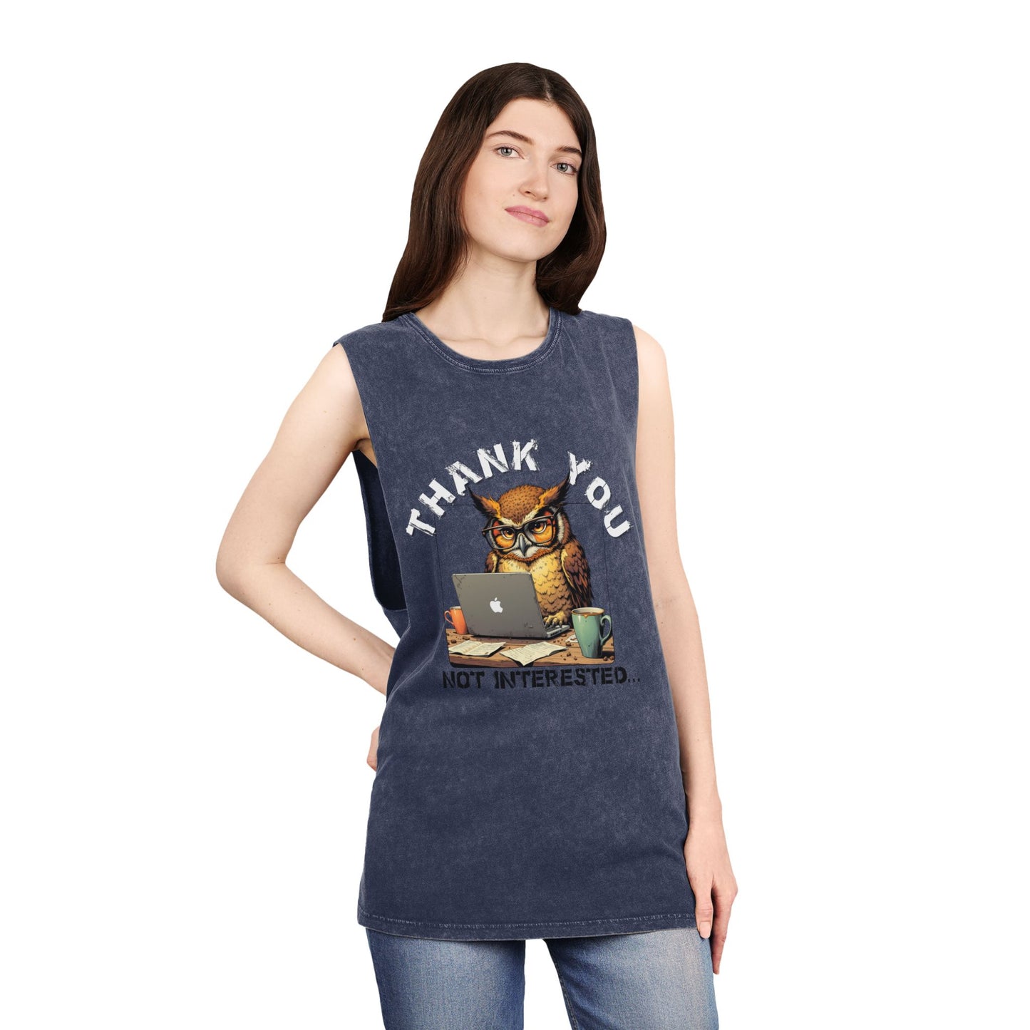Thank You, Not Interested Tank Top — Funny Owl Laptop Graphic Stonewash Tank