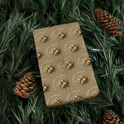 Wrapping Paper - Neutral Kraft Gold Bow Pattern Holiday Gift Wrap