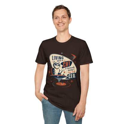 Cat T-Shirt — "Living with a Cat is Basically Having a Furry CEO" Retro Graphic
