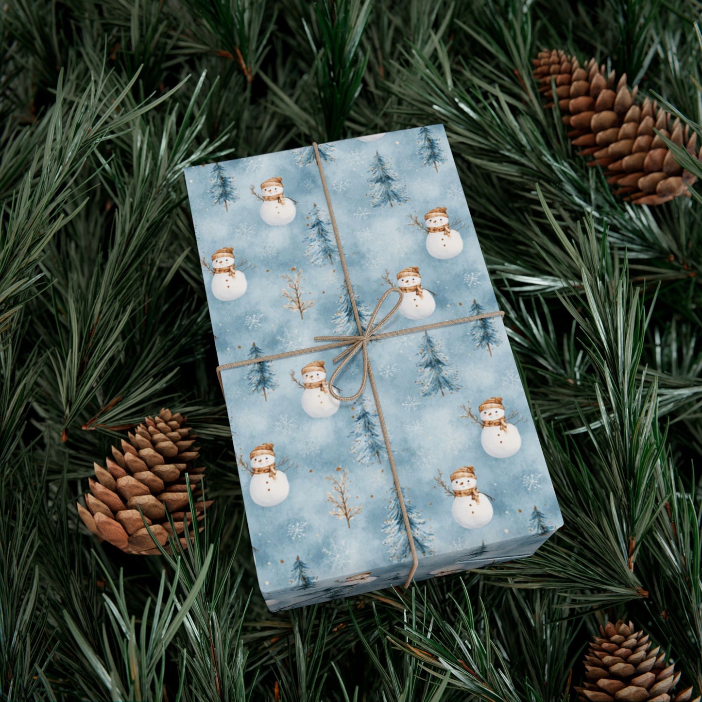Snowman & Pine Holiday Gift Wrap Paper — Blue Winter Christmas Wrapping Sheets