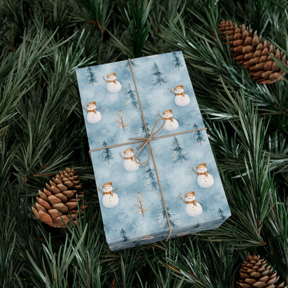 Snowman & Pine Holiday Gift Wrap Paper — Blue Winter Christmas Wrapping Sheets