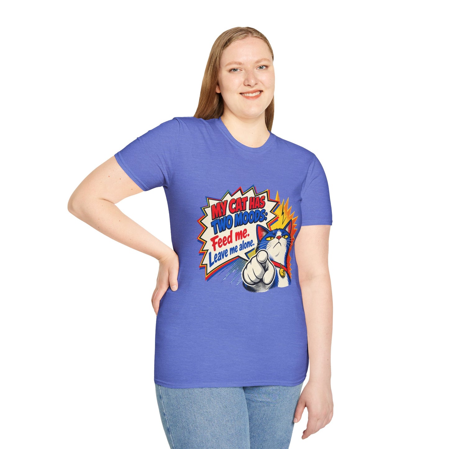 Cat T-Shirt — "My Cat Has Two Moods: Feed Me, Leave Me Alone" Funny Retro Comic Tee