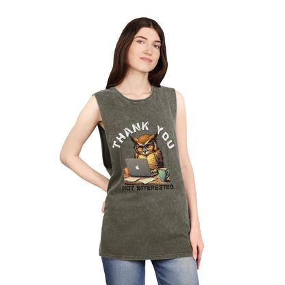 Thank You, Not Interested Tank Top — Funny Owl Laptop Graphic Stonewash Tank
