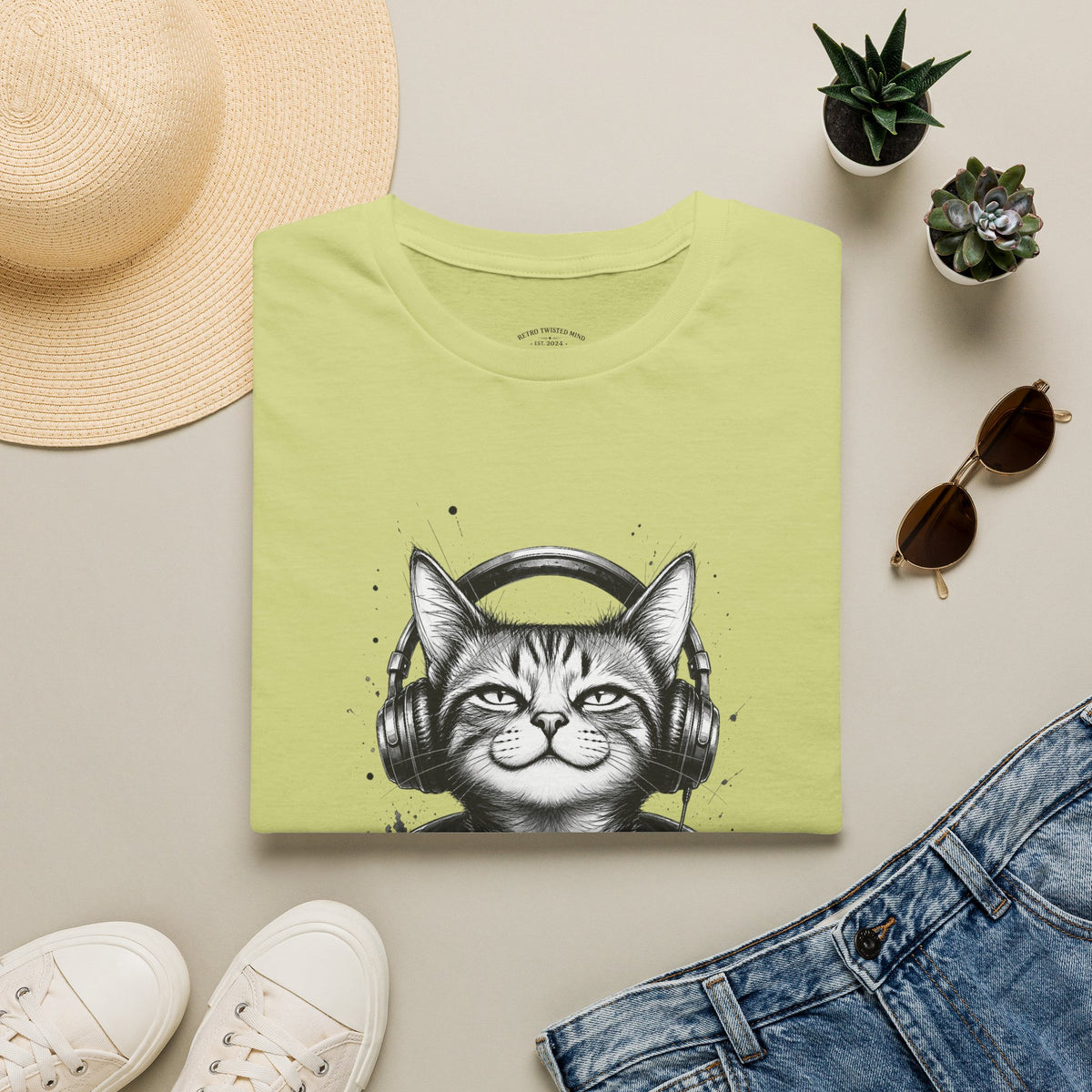 T-Shirt — Cat with Headphones "Mentally: Somewhere Else" – Cute Relaxed Graphic Tee for Cat Lovers