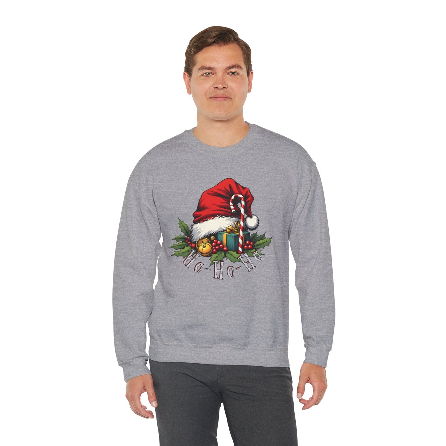 Christmas Sweatshirt - 'Ho-Ho-Ho' Santa Hat & Holly Holiday Crewneck