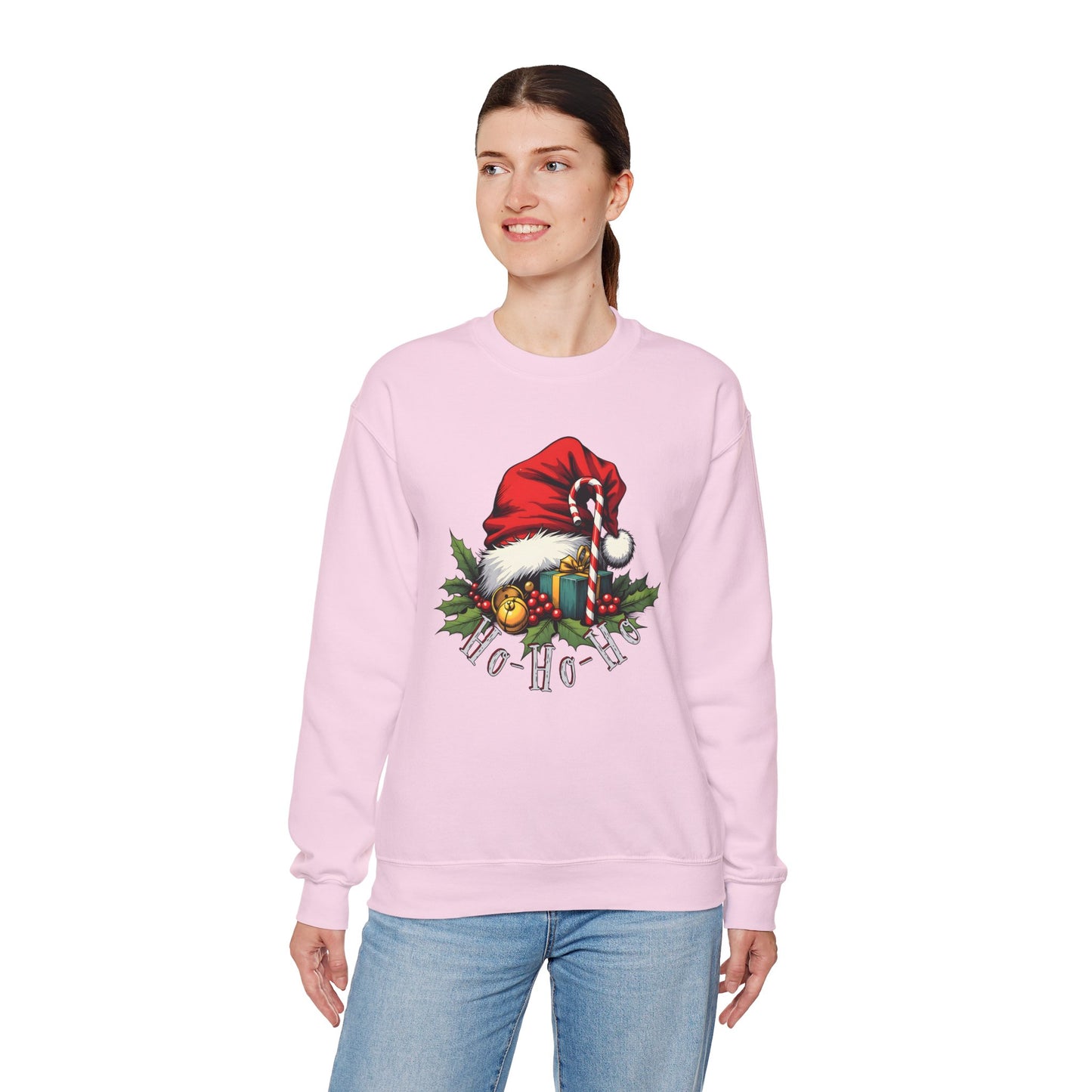 Christmas Sweatshirt - 'Ho-Ho-Ho' Santa Hat & Holly Holiday Crewneck